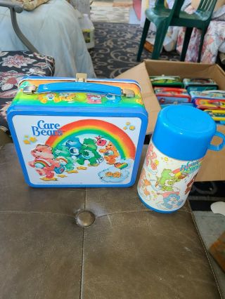 Rare Vintage 1985 Metal Blue Care Bears Care Bears Lunchbox W/ Thermos