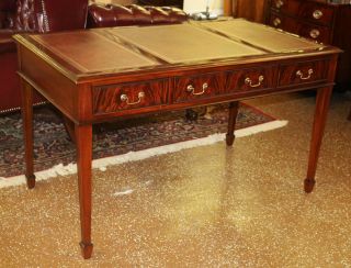 Sophisticated Sheraton Mahogany Leather Top Writing Table Desk 3 Drawers