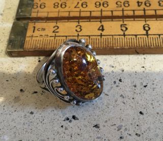 Large Vintage Silver And Amber Ring,  Hallmarked