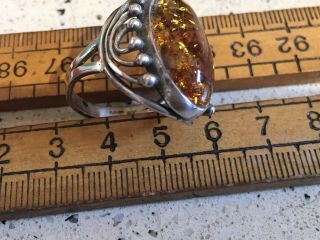 Large Vintage Silver And Amber Ring,  Hallmarked 3