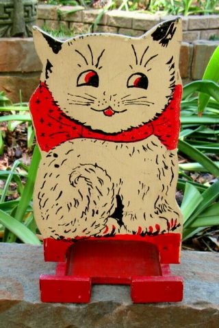 Vintage Wood Cat Match Holder - Cream And Red Paint