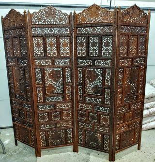 Vintage Ornate Solid Wood Asian Hand Carved 4 Panel Room Divider 80 " Wide Rare