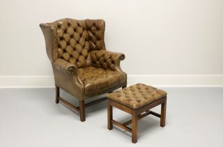 Vintage Tufted Leather Wing Back Chair & Ottoman