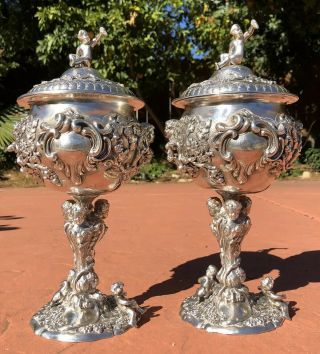 2 Antique Sterling Silver Floral Cherub Grape Repousse Covered Urn Pot 13 " 2144g