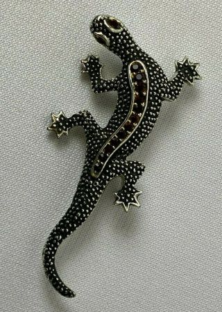 Emmons Vintage Lizard Gecko Brooch Pin Ruby Red Rhinestone Silver Tone 2.  5 In