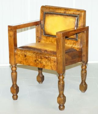 Rare Stylish Art Deco Burl Burr Walnut Desk Chair Cigar Brown Leather