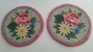 Vintage Set Of 2 Wool Handmade Hand Hooked Floral Pattern 15 " Chair Pads