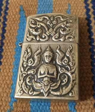 Vintage Siam Sterling Silver Lighter Zippo Case; Buddha,  Stupas & Ship.