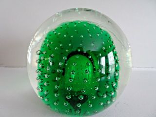 Vintage Mid Century Controlled Bubble Paperweight W/ Pontil Green Magnum