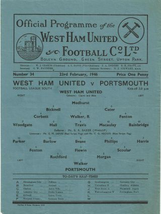 Vintage Football Programme West Ham United V Portsmouth 1946