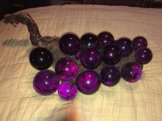 Large Retro Purple Lucite Acrylic Grape Cluster On Driftwood Vintage 1960 