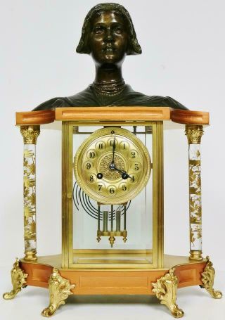 Rare Antique French 8 Day Bronze 4 Glass Figural Bust Regulator Mantle Clock