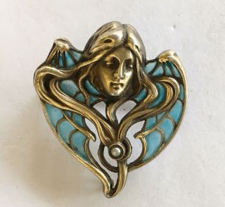 Antique Art Nouveau 900 Silver Signed Deposse Plique A Jour Pin With Ladies Head