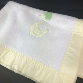Vintage Atkins Crib Blanket Acrylic Baby Yellow White Duck Satin Trim 36 X 50