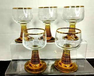 Roemer Wine Vtg German Amber Beehive Stem Grapevine Etched Glass Set Of 5