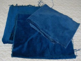 3 Scraps Of Antique Vintage Cotton Velvet Curtain Remnants Dark Blue C1950s