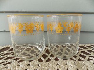 Set Of 2 Vintage Clear Glass Butterfly Gold Pattern 4 Oz Juice Tumblers 3 " Tall