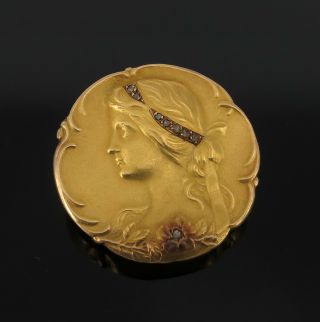 Antique Art Nouveau 0.  07ct Rose Cut Diamond & 18k Yellow Gold Cameo Brooch