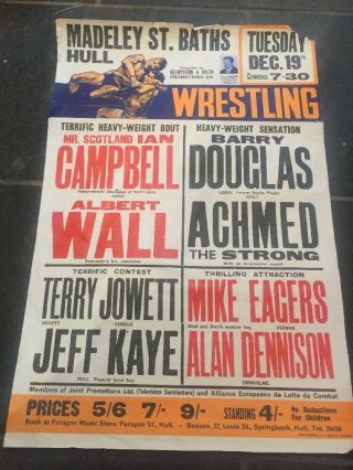 Vintage Wrestling Poster Tuesday 19th December Hull Madeley St Baths