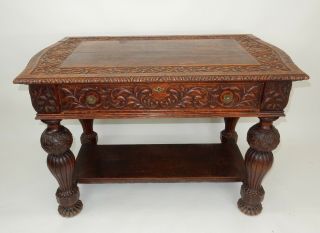 Antique Intricately Carved Oak Library Table 50.  25 " Circa 1860