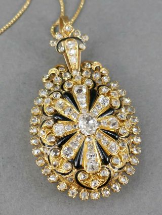 Antique Victorian 18k Gold European Diamond Enamel Mourning Necklace Pendant