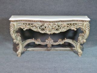 Large Antique Distress Painted Marble Top French Rococo Console Table C1880s