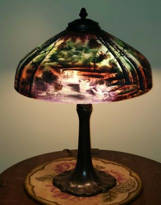 Antique Pittsburgh Reverse Painted Swan Bird Scene Table Lamp - Handel Era