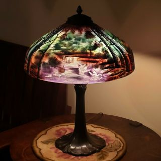 Antique Pittsburgh Reverse Painted Swan Bird Scene Table Lamp - Handel Era 2