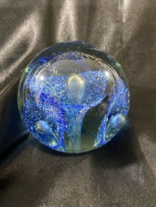 Vintage Blown Art Glass Paperweight Large Blue Flower Crystal Controlled Bubbles