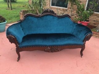 Antique French Victorian Settee Sofa Dark Teal Carved Grapes Newly Recovered,