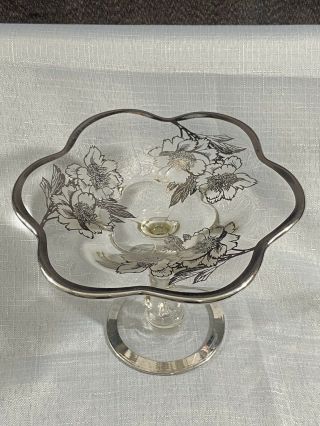 Vintage Silver Overlay Glass Candy Dish Floral Footed Pedestal Bowl Flower Motif