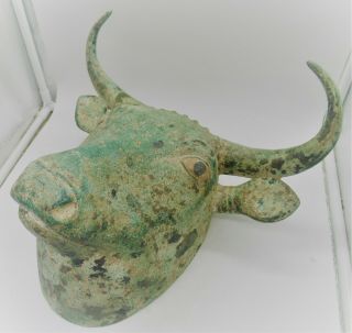 Extremely Rare Ancient Amlash Bronze Bull Head Statue With Enamelled Eyes