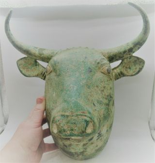 EXTREMELY RARE ANCIENT AMLASH BRONZE BULL HEAD STATUE WITH ENAMELLED EYES 2