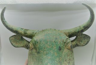 EXTREMELY RARE ANCIENT AMLASH BRONZE BULL HEAD STATUE WITH ENAMELLED EYES 3
