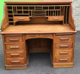 Antique 19th Century Quartered Oak " S " Roll Top Pedestal Desk C1890