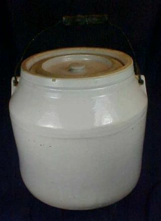 Vintage White Stoneware Jar With Lid Wire Bail Handle 20 On Lid Large Size