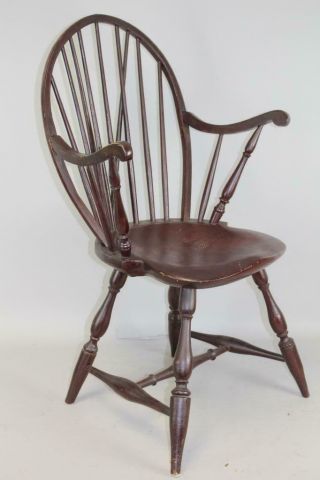 Rare 18th C Rhode Island Tenon Arm Windsor Brace Back Armchair In Old Red Paint