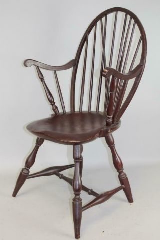 RARE 18TH C RHODE ISLAND TENON ARM WINDSOR BRACE BACK ARMCHAIR IN OLD RED PAINT 2