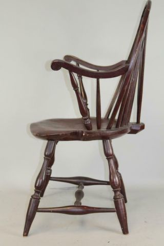 RARE 18TH C RHODE ISLAND TENON ARM WINDSOR BRACE BACK ARMCHAIR IN OLD RED PAINT 3