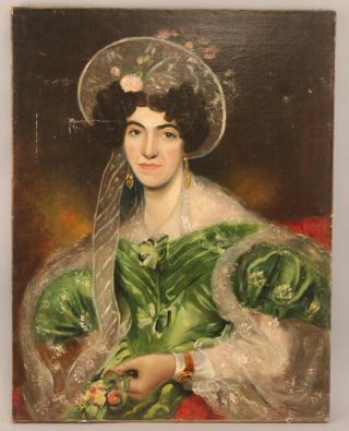 Large Antique 19th C Oil Portrait Painting Of A Lady In Green