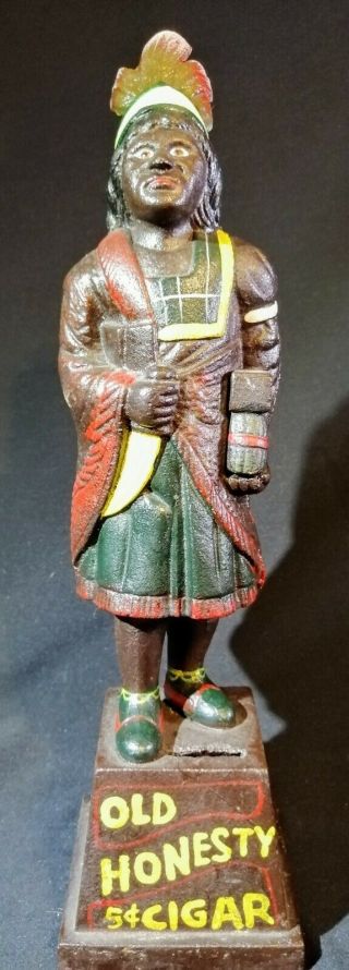 Cigar Store Indian Cast Iron Coin Bank " Old Honesty " 5¢ Painted Over 13 " Tall