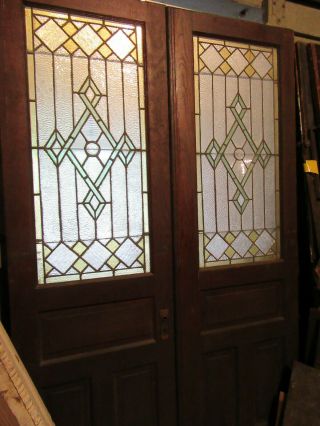 Antique Chestnut Stained Glass Double Entrance French Doors 56 X 89 Salvage