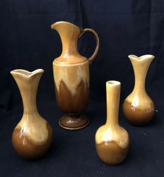 4 Vintage Royal Haeger Art Pottery Vases Drip Glaze Yellow Brown Mid Century