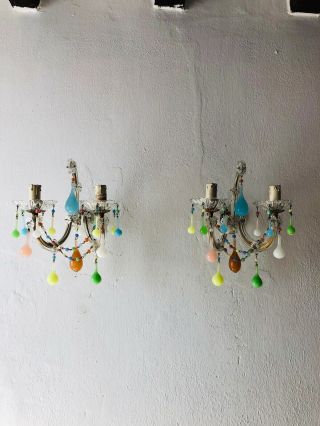 C 1920 French Yellow Green Pink Blue Murano Opaline Drops Sconces
