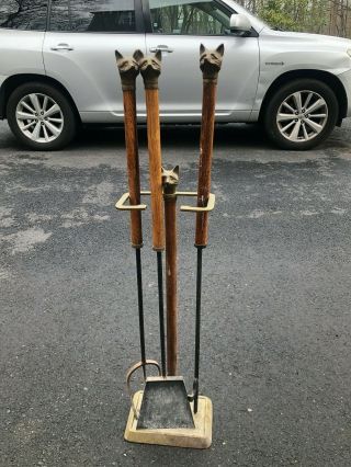 Antique Signed Bradley And Hubbard Brass Fire Tools Set Fox Hunting Rosewood