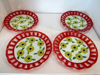 Vintage Clear Glass Hand Painted Yellow Daisy Flowers 9 " Plates Set Of 4