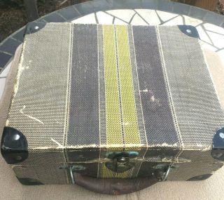 Vintage Cardboard Suitcase Small Leather Handle Metal Corners Striped Tweed Look