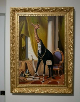Baroque / Surrealist Antique (?) Oil Painting Of Giraffe In Large Gilt Frame