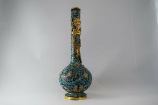 Chinese Antique Blue Color Bronze Base Cloisonne With Dragon Bottle Vase