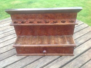 Antique Edwardian Wooden 8 Pipe Stand / Rack With Draw Smoking In Bur Yew